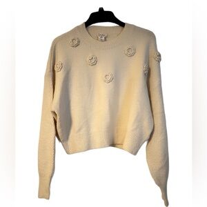 Jessica Simpson Cream Crew Neck Sweater with Ribbed Cuffs and rosettes XL EUC